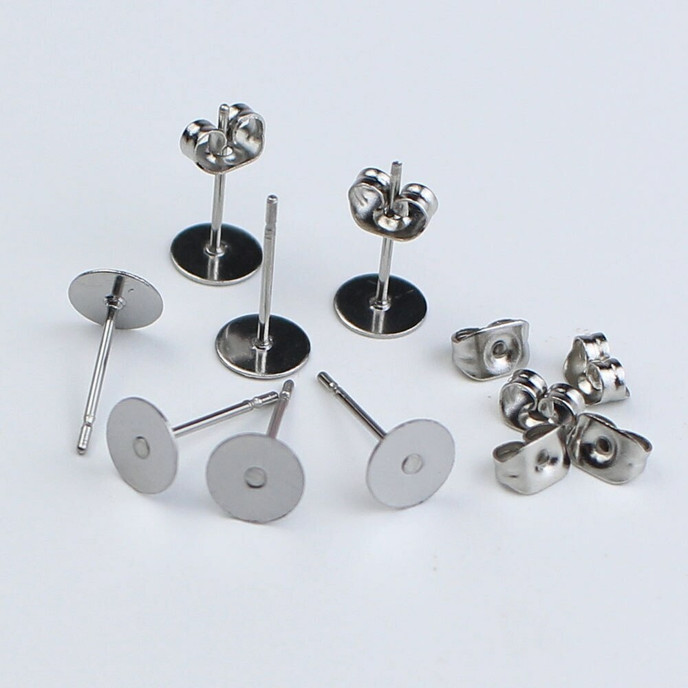 100pcs Stainless Steel Blank Pad Flat Earring Post Studs Base Pins with Ear Back