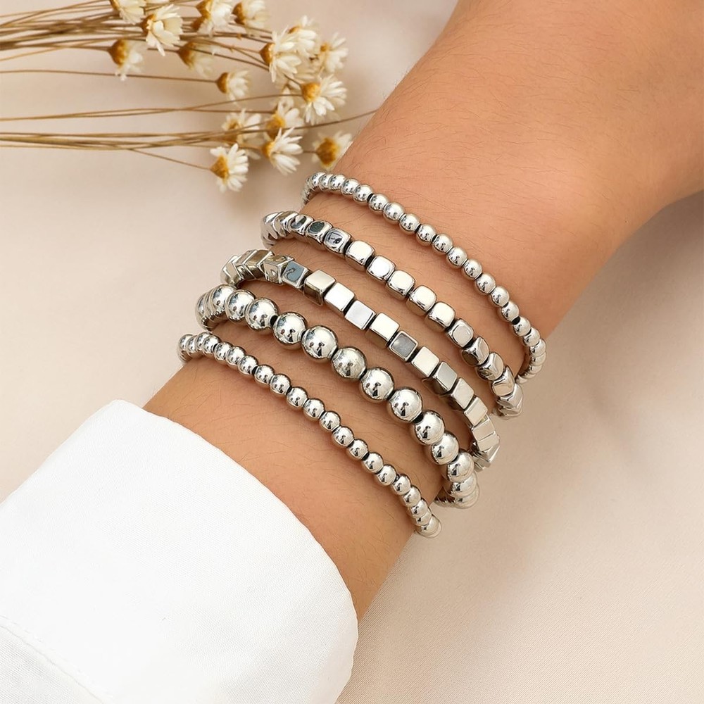 CSIYANJRY99 Silver Beaded Bracelets Medium, Style C-5 PCs Cube Beads