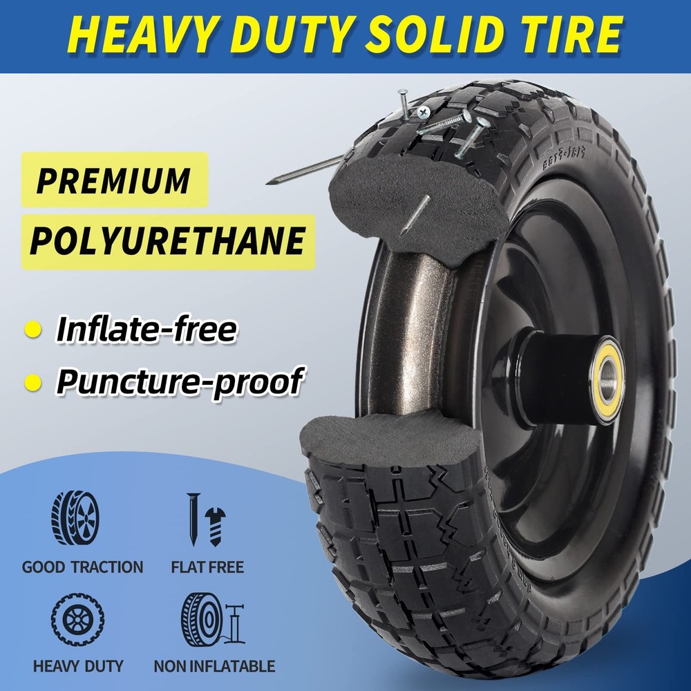GICOOL 10" Flat-Free Solid Tire and Wheel Replacement 2 PACK, Black