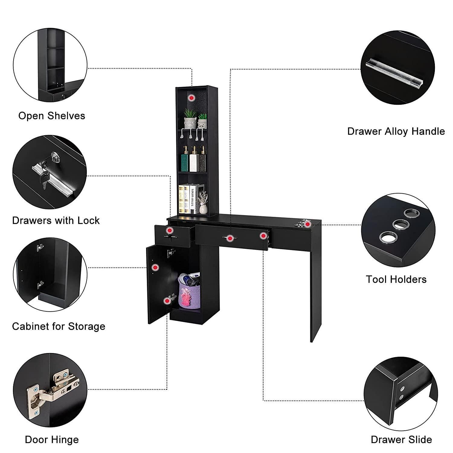 Beauty Salon Station Table Hair Styling Barber Storage Cabinet Shelves W/ Mirror