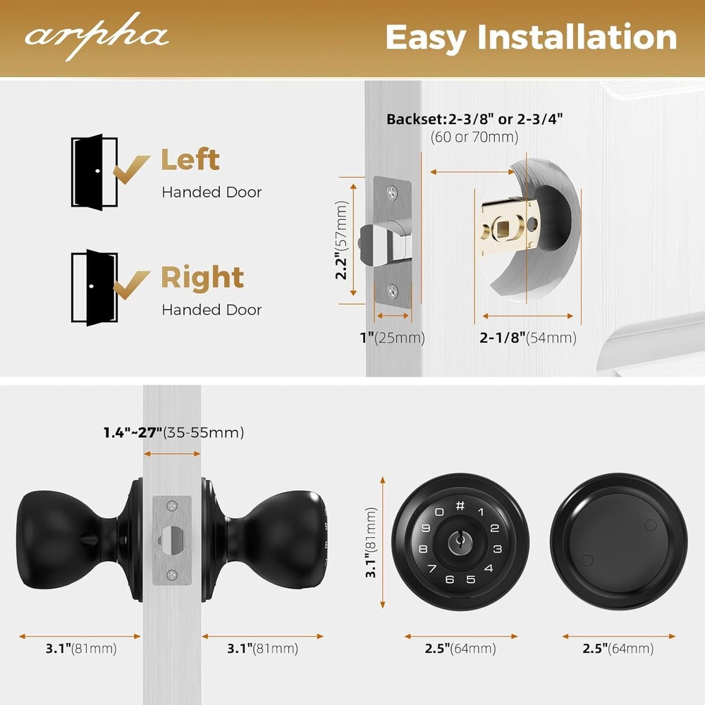 ARPHA Keypad Door Knob 50 Code Keyless Entry Anti-Peeping Password Handle