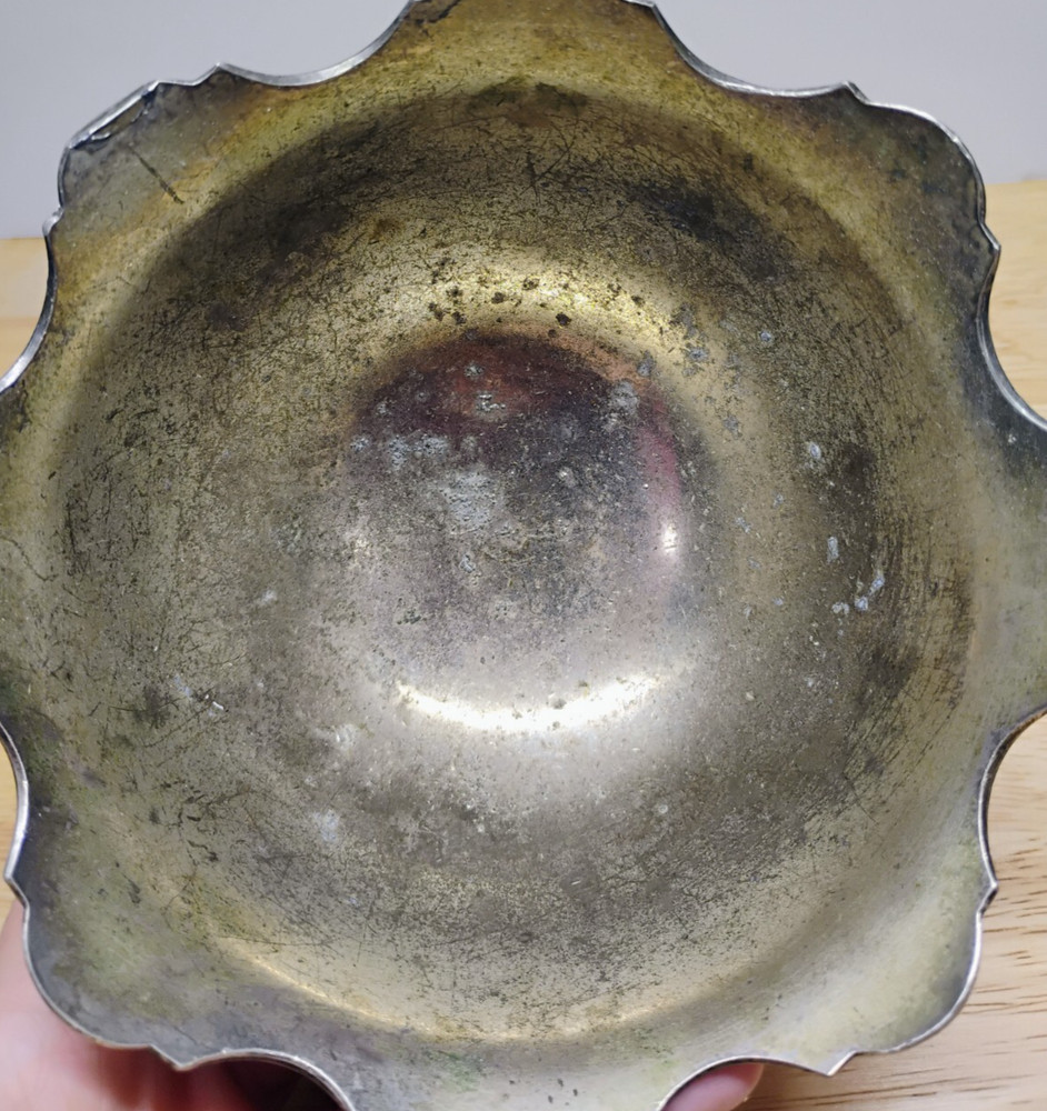 Silver Plated Bowl With Crown Rim & Repoussé Ornate Design Patina 5.5" diameter