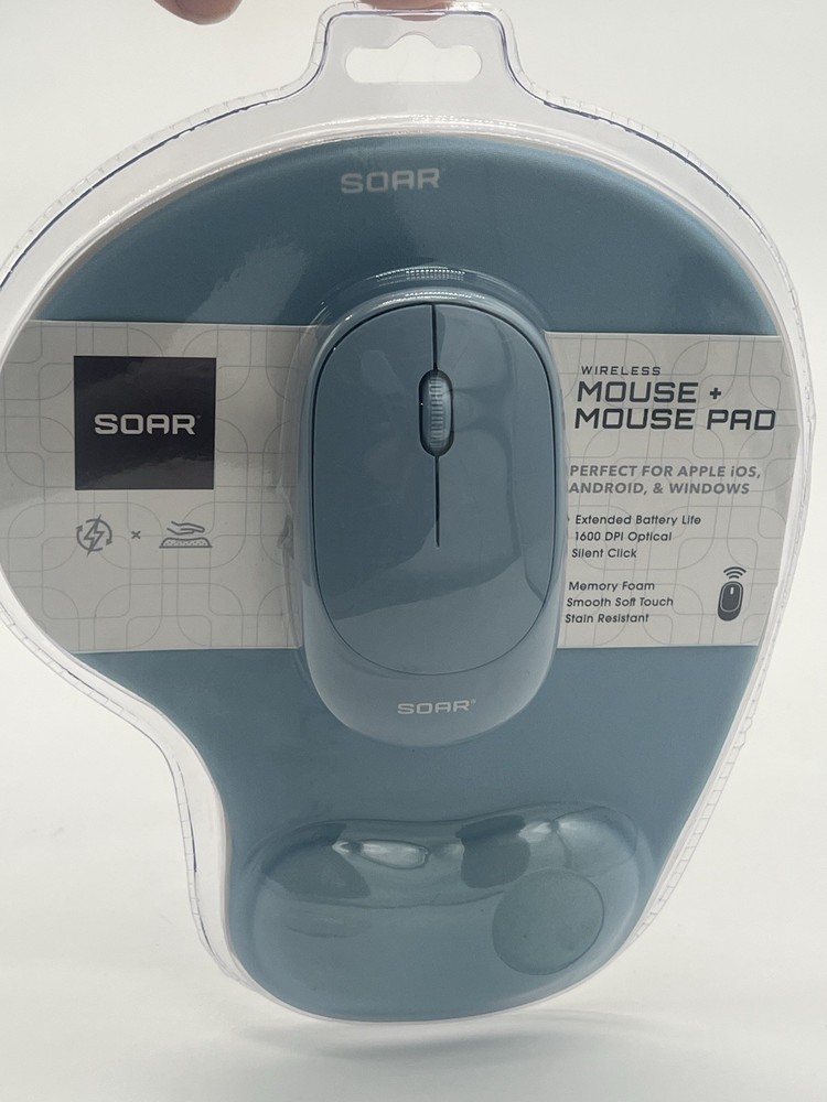 Soar Wireless 1600 DPI Optical Mouse & Memory Foam Mouse Pad Set - Blue - New