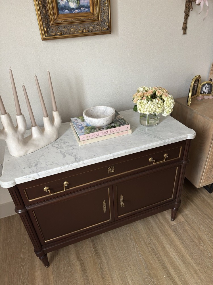 French Louis Style Marble Top Buffet Server Commode Entryway Table