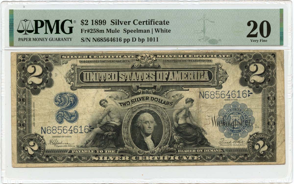 1899 $2 Silver Certificate FR#258m Mule PMG VF20 Mini Porthole