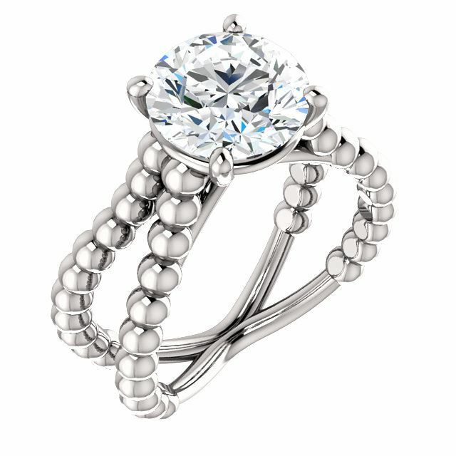 Sterling Silver Round Cut Solitaire Ring Setting - Beaded Split-Shank Style Ring