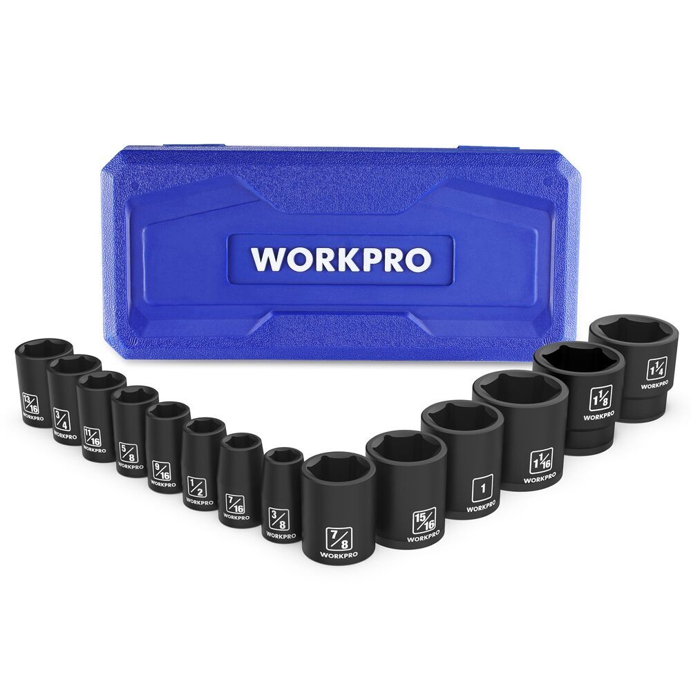 WORKPRO 14PC 1/2" Drive Shallow Impact Socket Set SAE 3/8”-1-1/4" 6-Point Socket