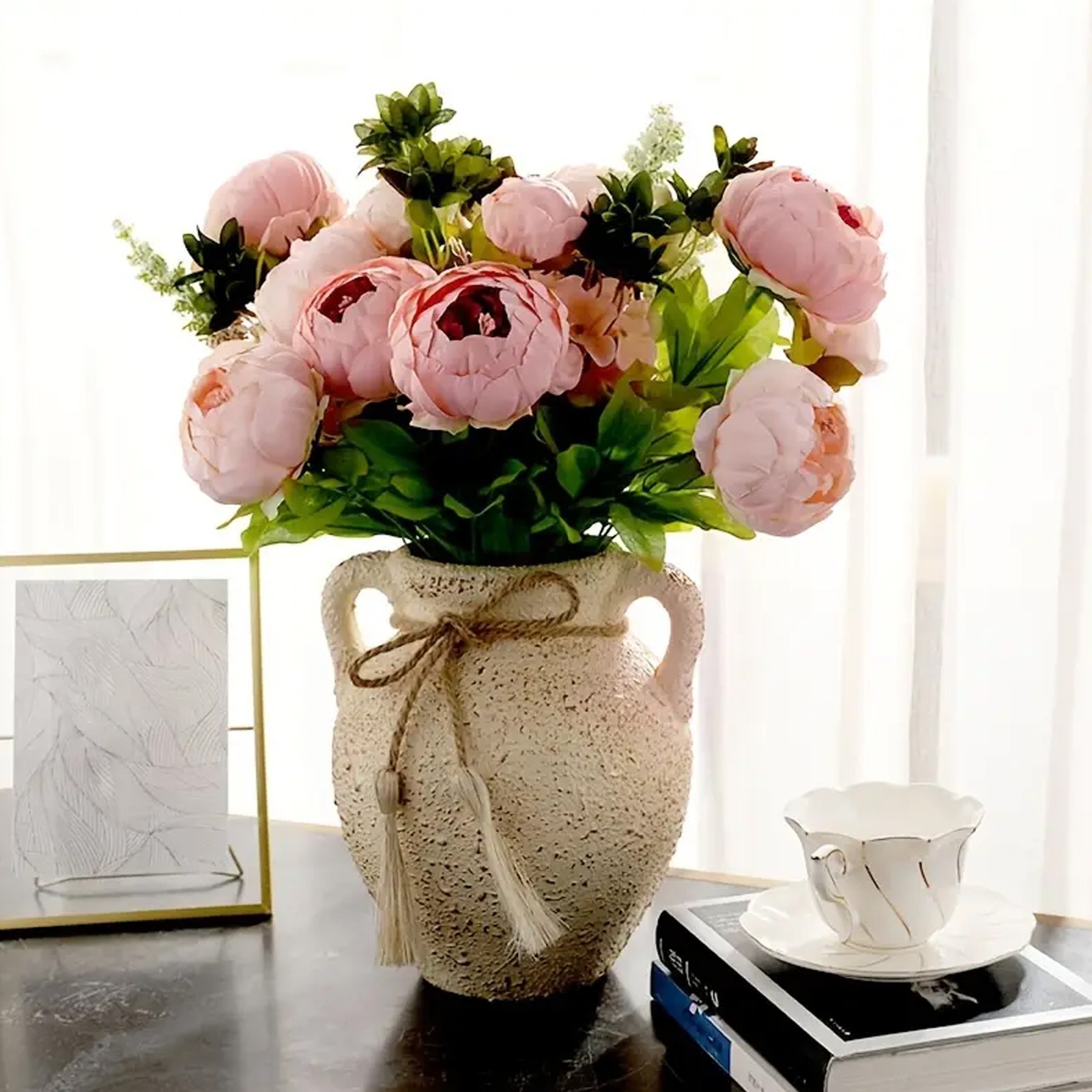 A bouquet of European-style faux peony silk flowers for home decor