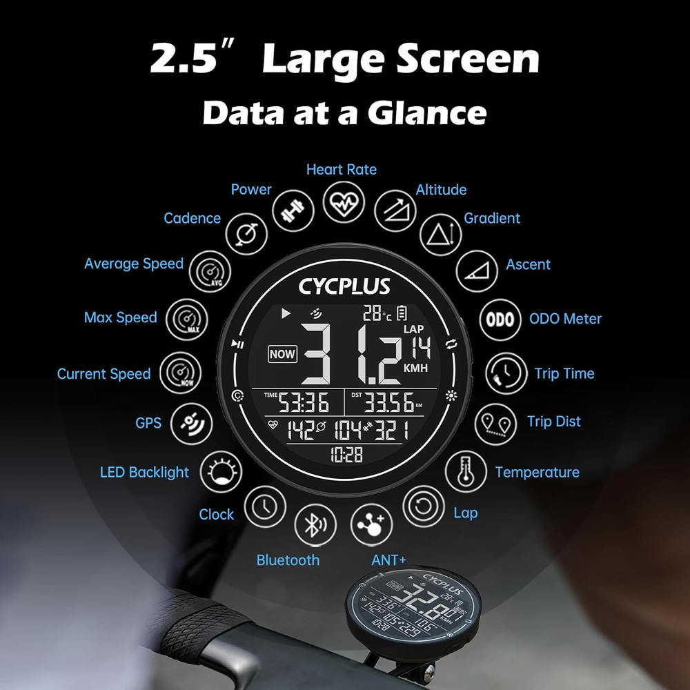 GPS Bike Computer, Wireless Cycling Computer, ANT+ Bluetooth Bicycle Speedometer