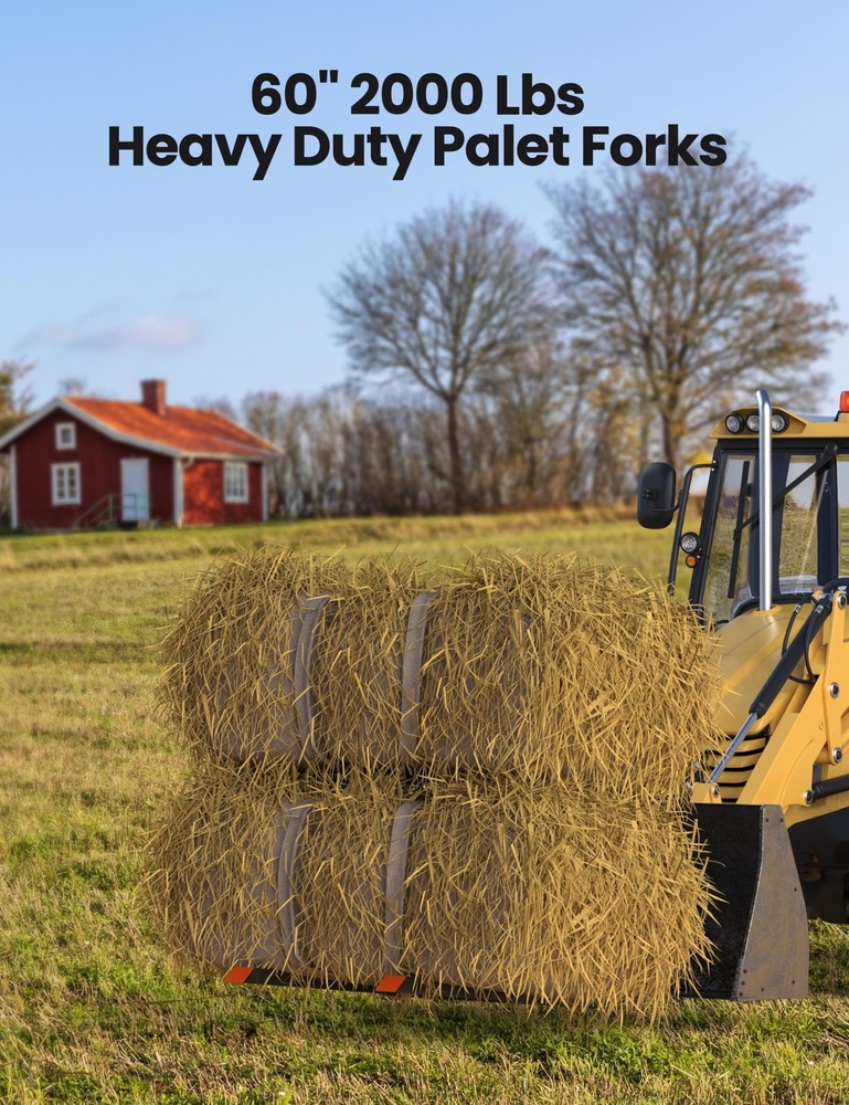 60" 2000LBS Clamp On Pallet Forks with Adjustable Stabilizer for Tractor Loader