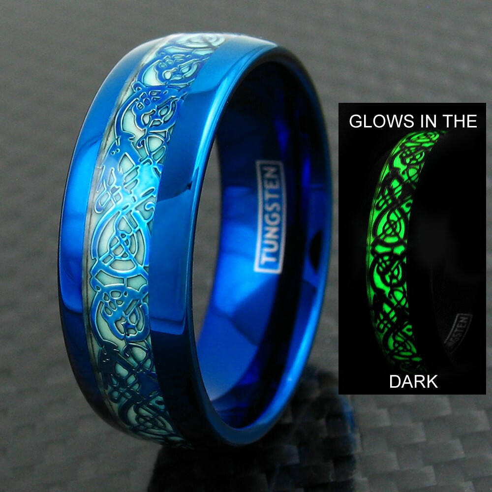 8mm Blue Tungsten Men's Ring Celtic Dragon *Glow in the Dark* Wedding Band