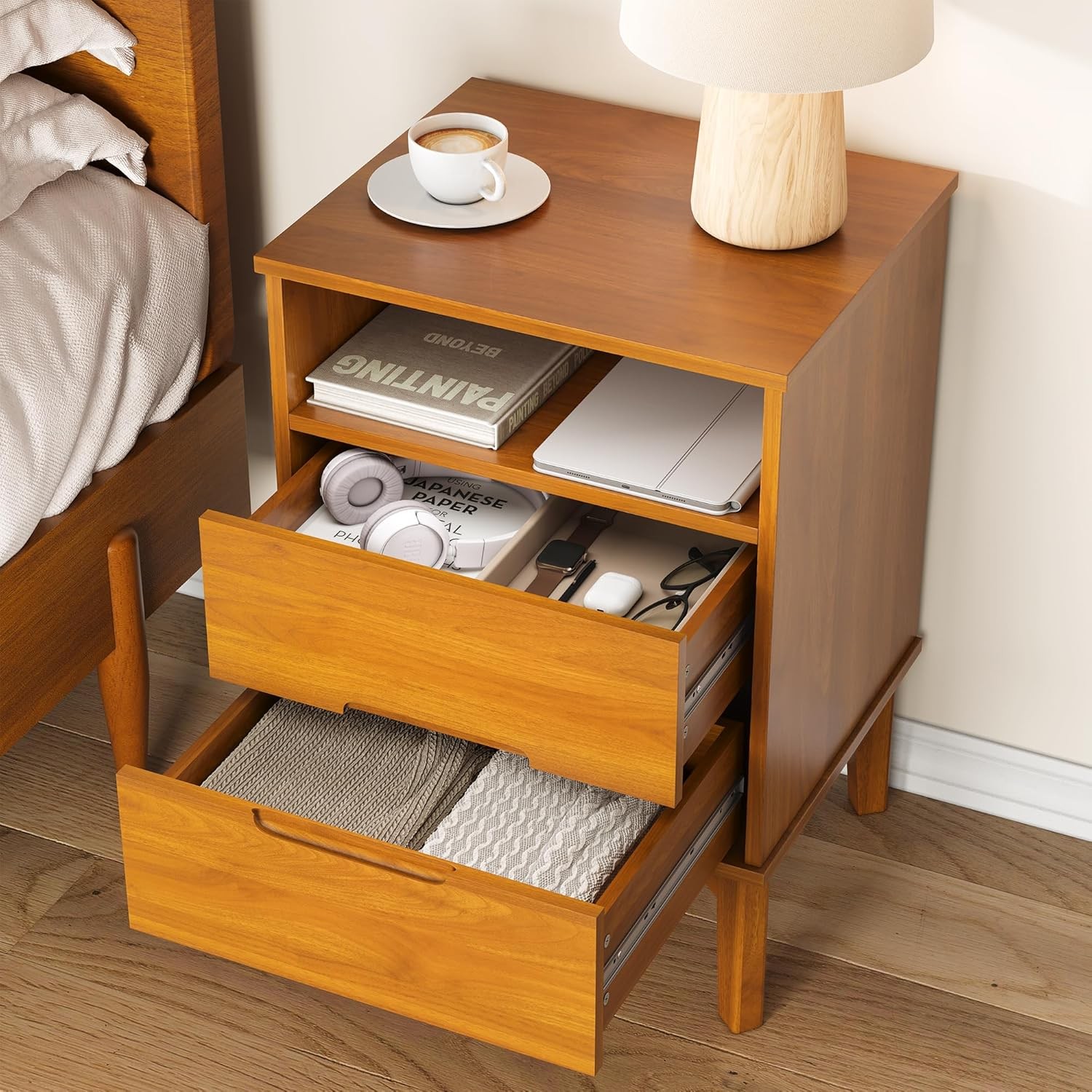 A set (2 pieces) of Mid-Century Modern nightstands with charging function