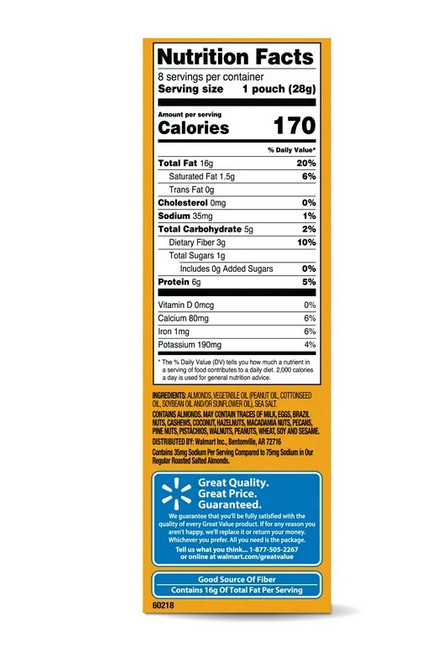 Great Value Lightly Salted Roasted Almonds, 1 oz, 8 Count