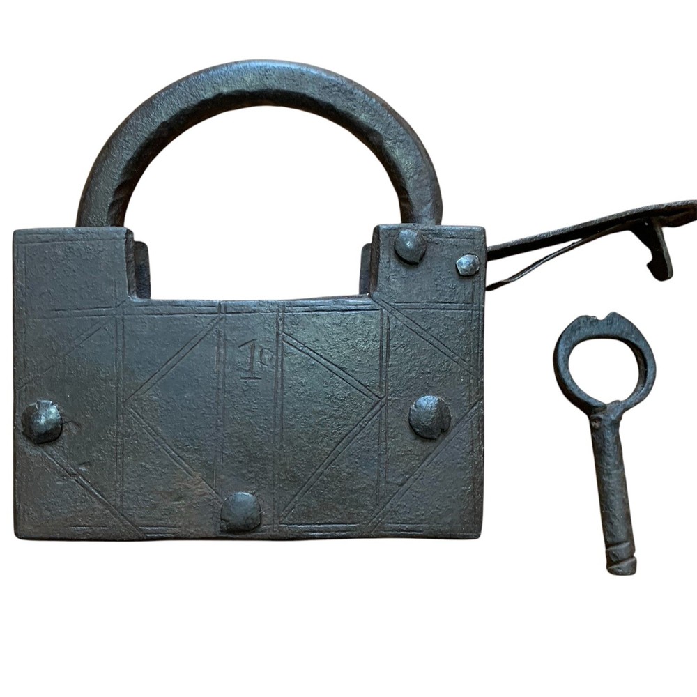 18th C Iron Trick padlock or lock with SCREW TYPE ORIGINAL KEY.