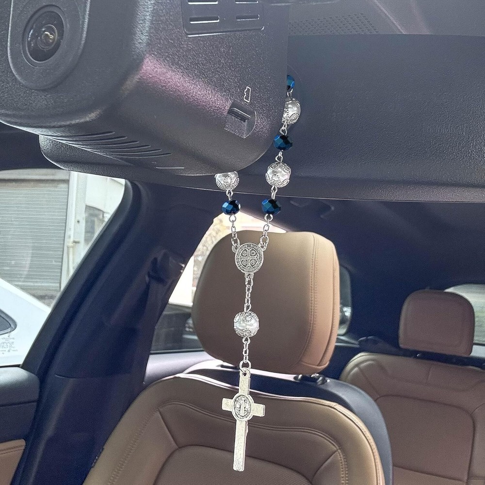Navy Blue Catholic Auto Rosary St. Benedict Medal for Rearview Mirror Hanging