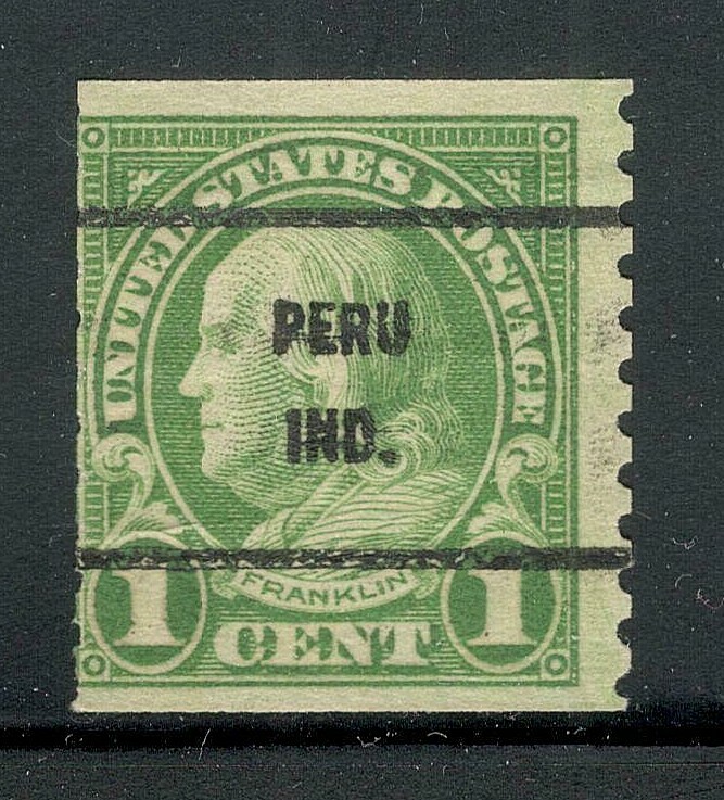 Sc # 597 ~ 1 cent Franklin Issue, Precancel, PERU IND. (b)