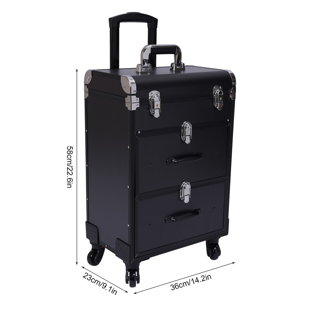 Rolling Cosmetic Storage Case Makeup Train Case Organizer Trolley Lock Black