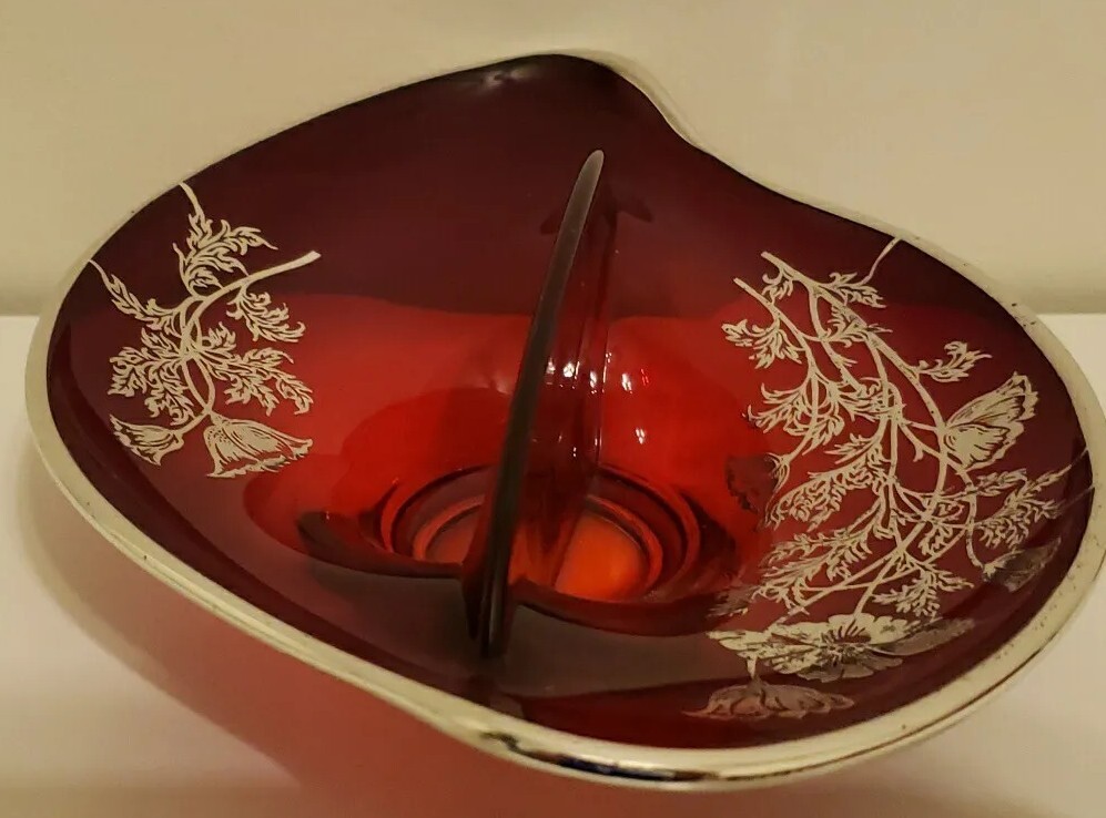 Vintage SILVER CITY Flanders Ruby Red Divided Dish Silver Overlay