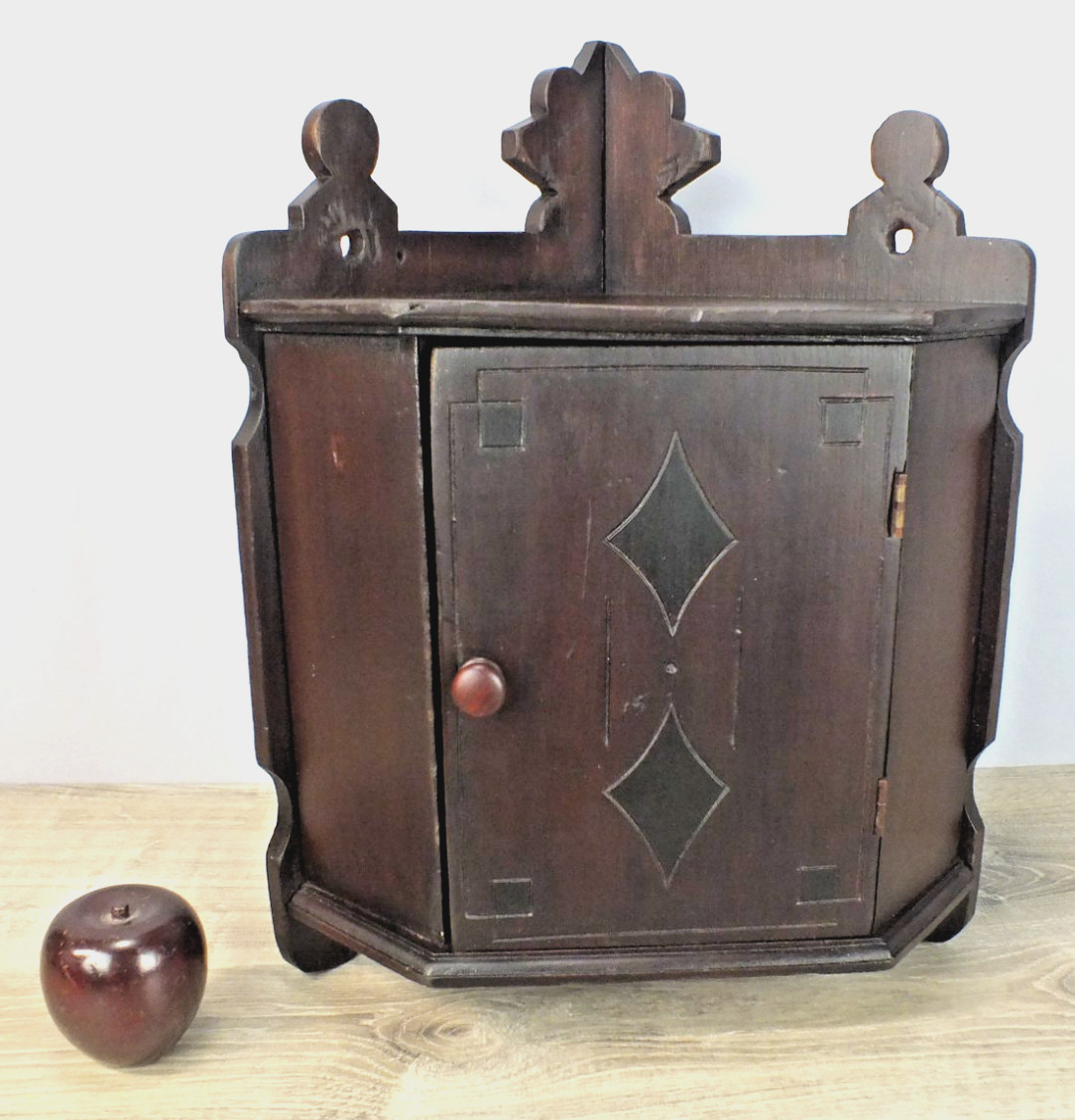 1800s Antique Wall Hung Corner Cabinet Dark Red Brown Finish w Black Highlights