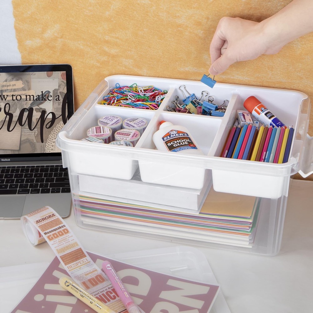 17 QT Craft Organizers and Storage with Removable Tray, Stackable Plastic Sto...