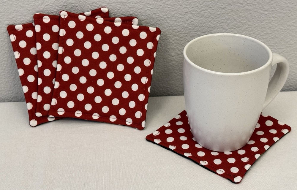 Fruit Cherry Polka Dot Drink Coasters Reversible Spring Summer Red Black Set 4
