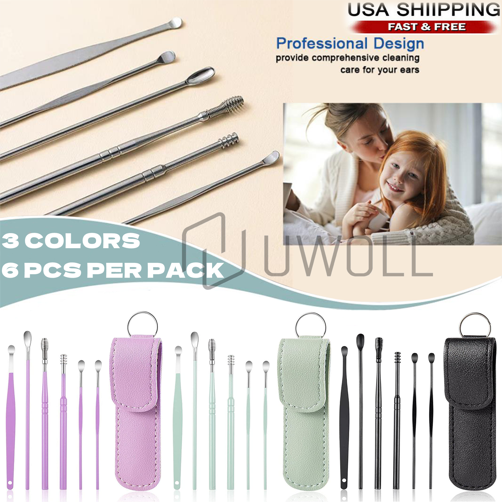 6PCS Ear Pick Cleaning Set Spiral Tool Spoon Ear Wax Remover Cleaner Curette Kit