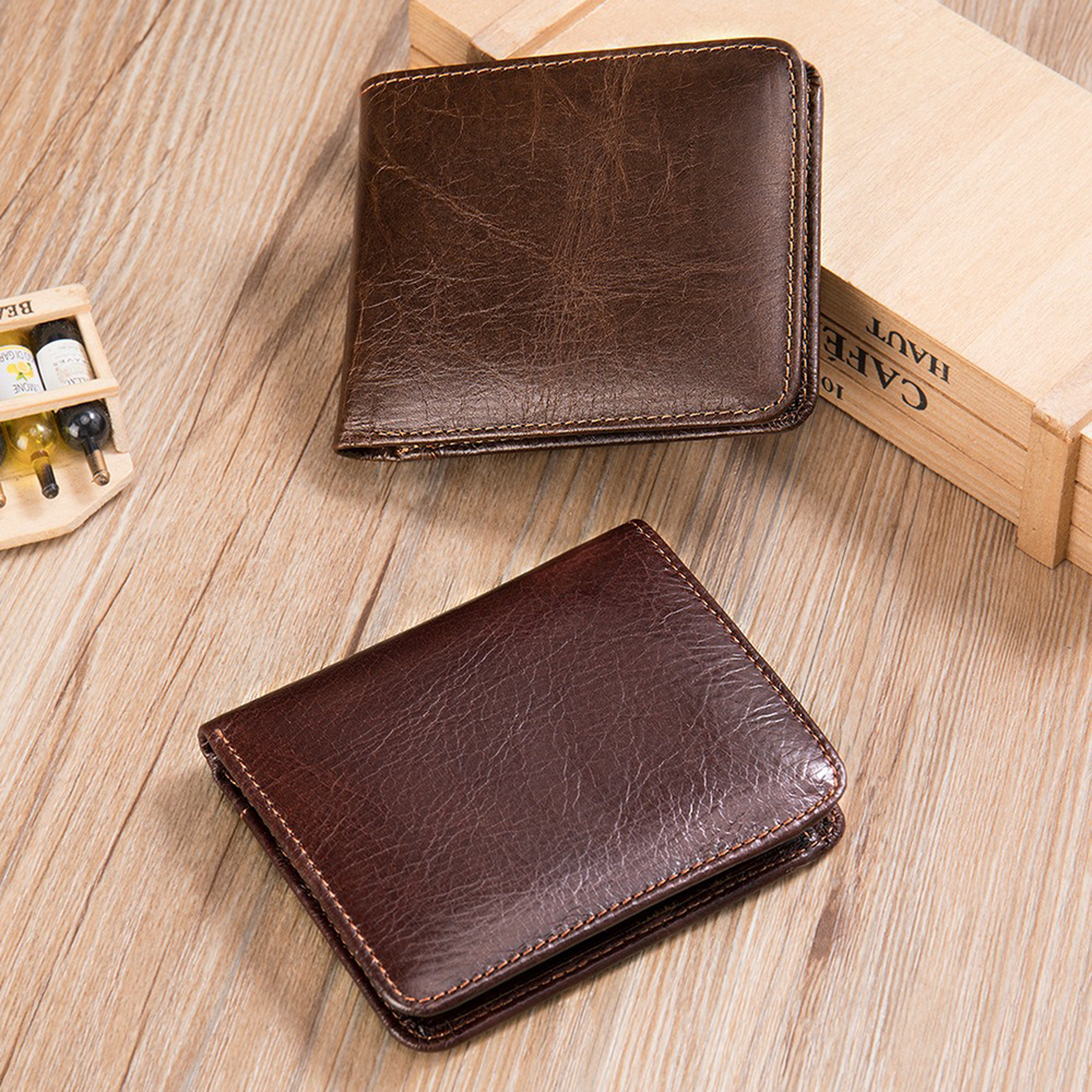 Mens Leather Bifold Wallet RFID Blocking Vertical Horizontal Brown