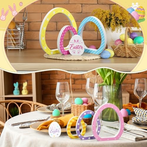 4 Pcs Egg Tabletop Decorations Wooden Signs Blocks Double-sided Spring Easter