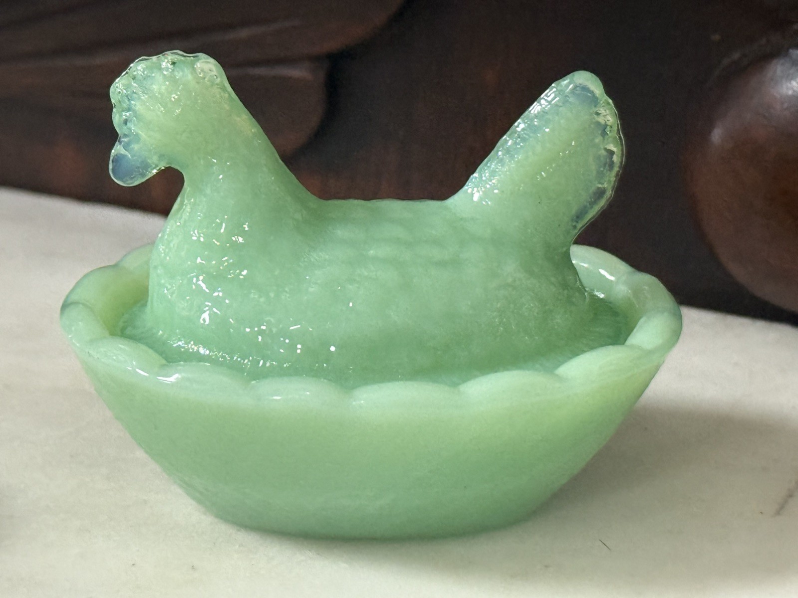Jadeite Glass Mini Hen On A Nest, Salt dip, 2.5”