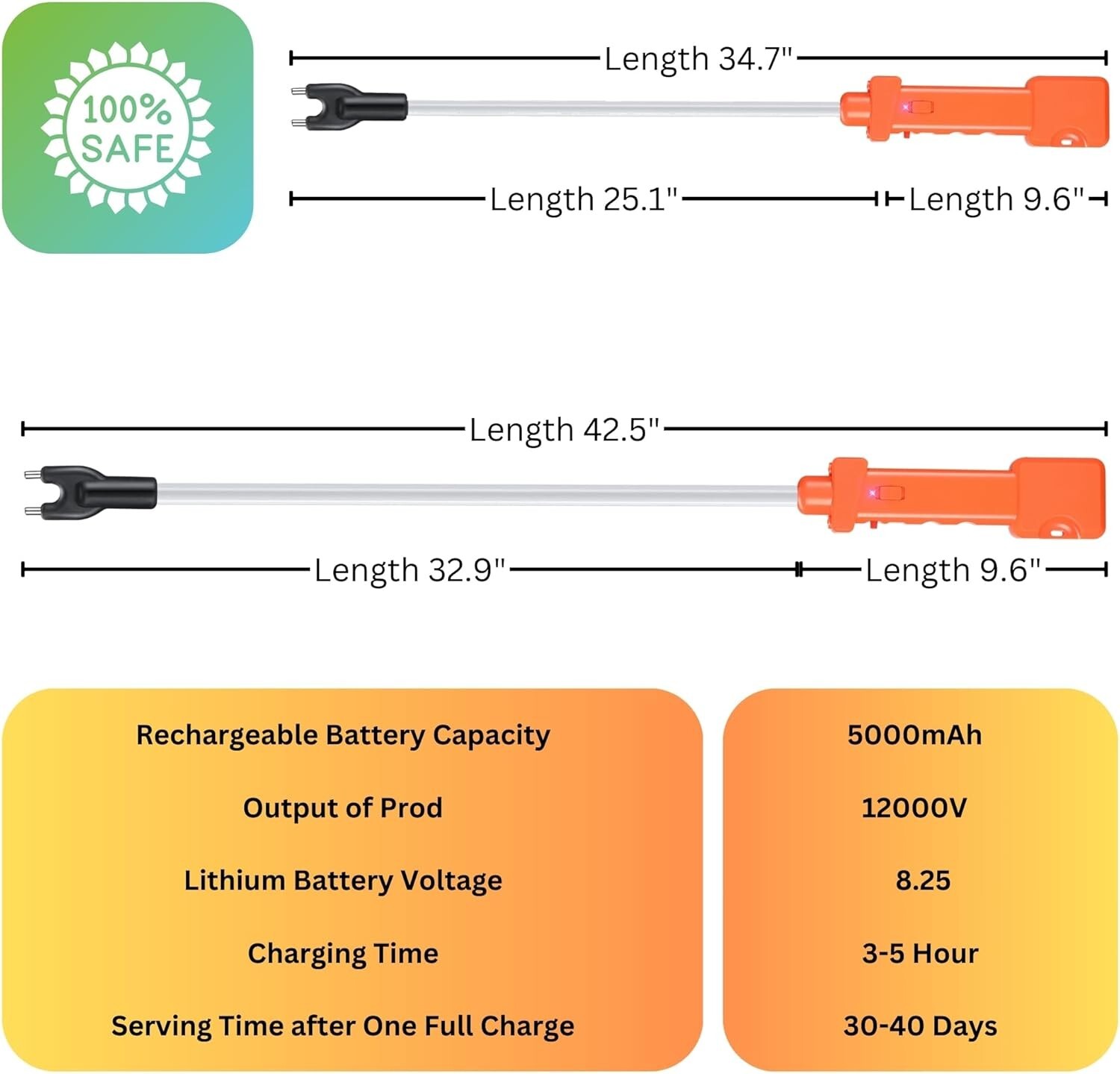 Waterproof Electric Cattle Prod Rechargeable Livestock Shock Stick w LED Lights