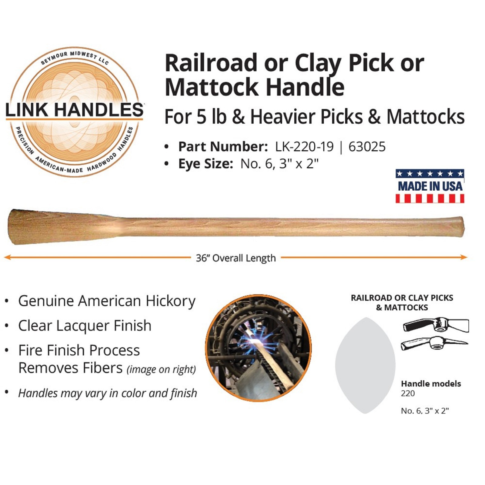 63025 36'' Handle Railroad Pick, Made In USA, 025545220195