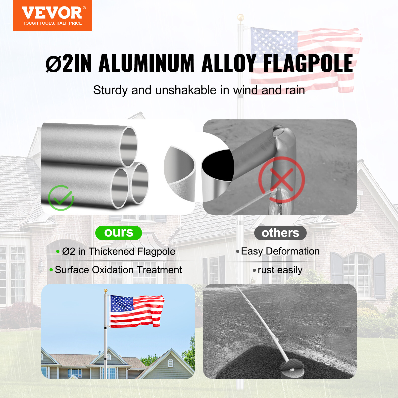 VEVOR 25FT Telescopic Flagpole Kit Heavy Duty Aluminum Flag Pole American Silver