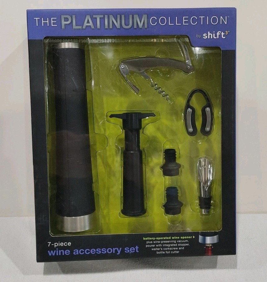 Cordless 7Pc Wine Accessory Gift Set PLATINUM Collection By Shift3