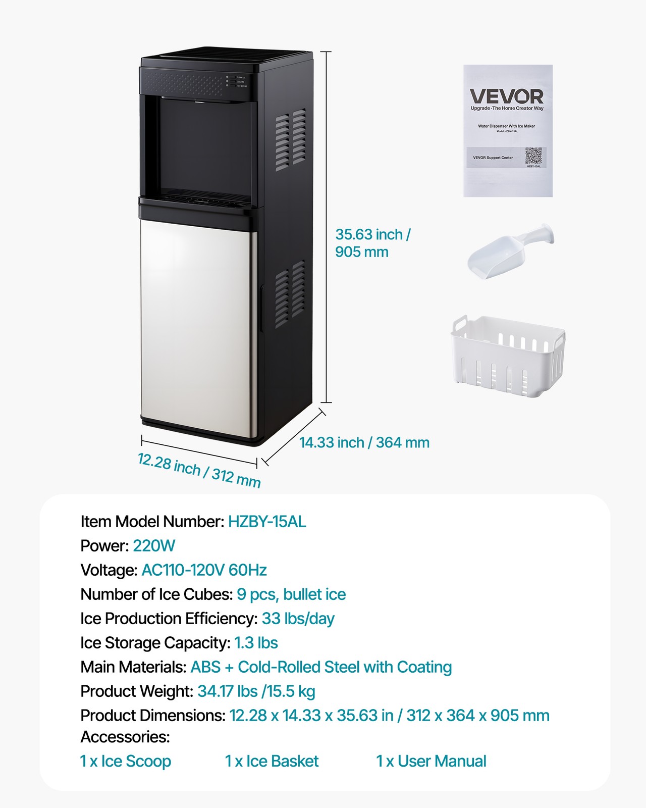 VEVOR Water Dispenser with Ice Maker 3-in-1 Floor-Standing Water Cooler for Home