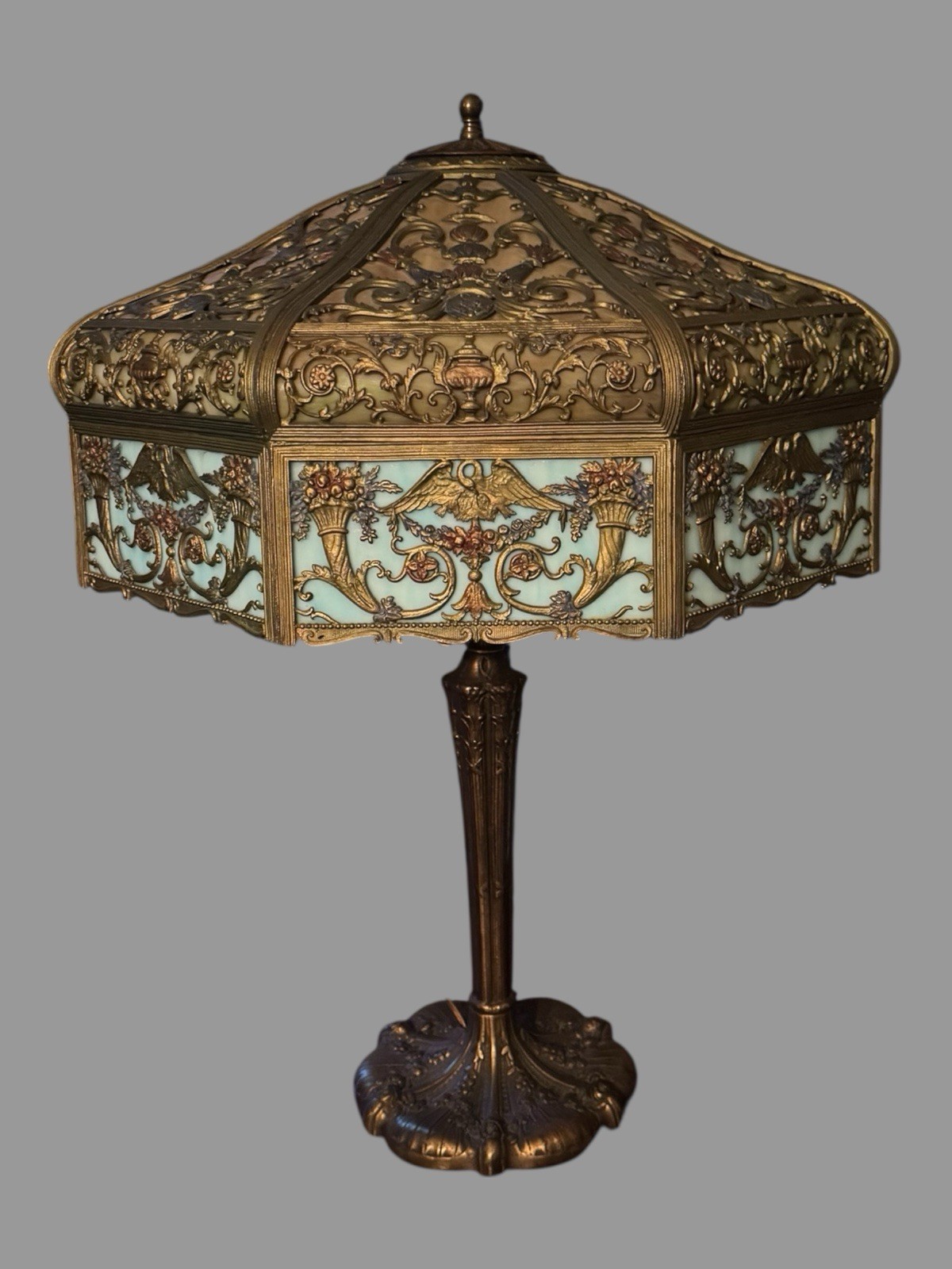 27" Victorian Table Lamp w Multiple Molded Colored Slag Glass Lamp Shade Panels