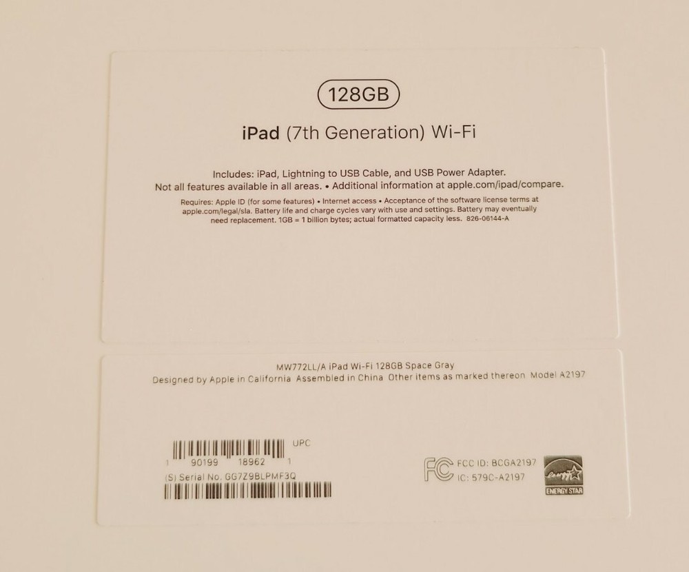 Empty Box Only iPad 7th Generation 128GB Space Gray Model A2197 - MW772LL/A
