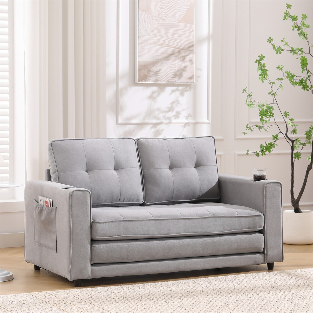 Convertible Sofa Bed Loveseat Futon Sofa Couch w/ Pull-Out Bed Light Gray