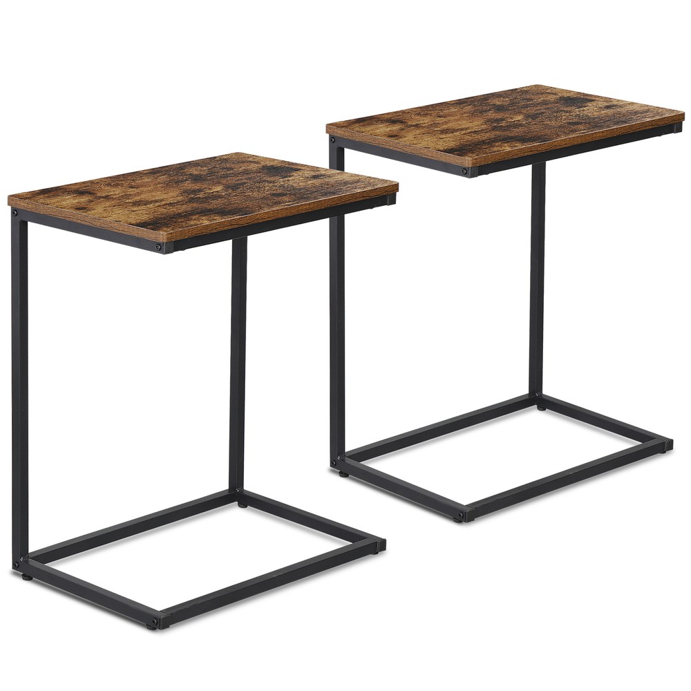 2X C Shaped End Table Living Room Side Table for Couch Slide Under Rustic Brown