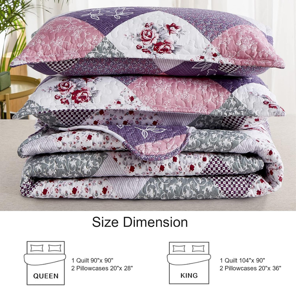 Purple Quilt Set King Size, Reversible Floral Plaid Patchwork Pattern Bedding Se