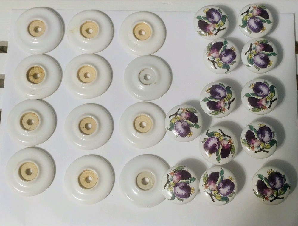 Vintage Lot 12 Ceramic Pulls Handles Knobs PLUMS HTF