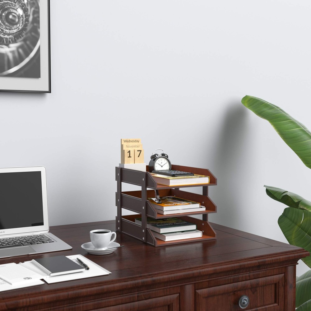 Leather Desk Organizer, NIFIVE 3-Tier Stackable Document Tray, Perfect Deskto...