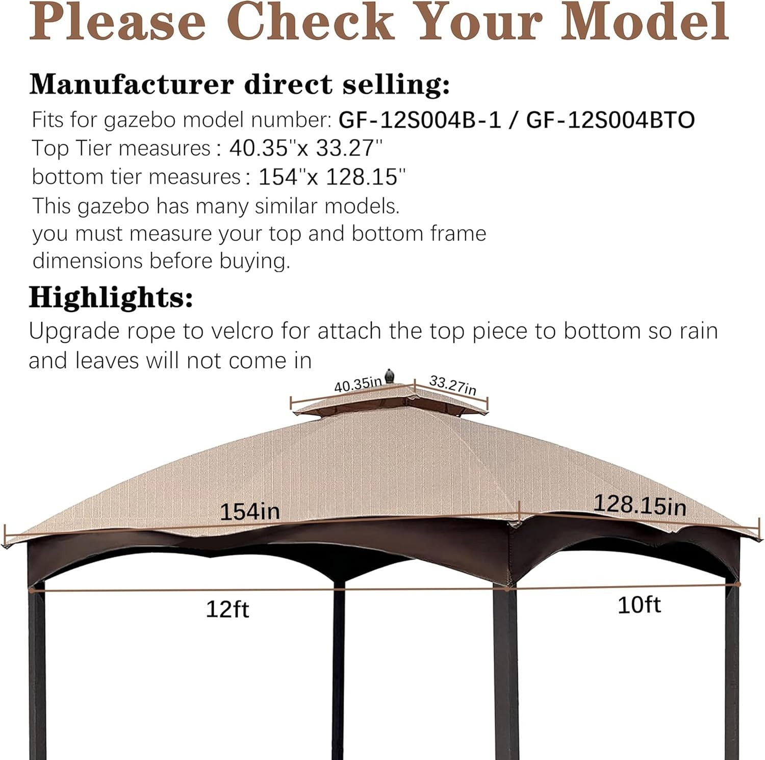 Replacement Top for Lowe's Allen Roth 10X12 Gazebo - Waterproof & UV Protection