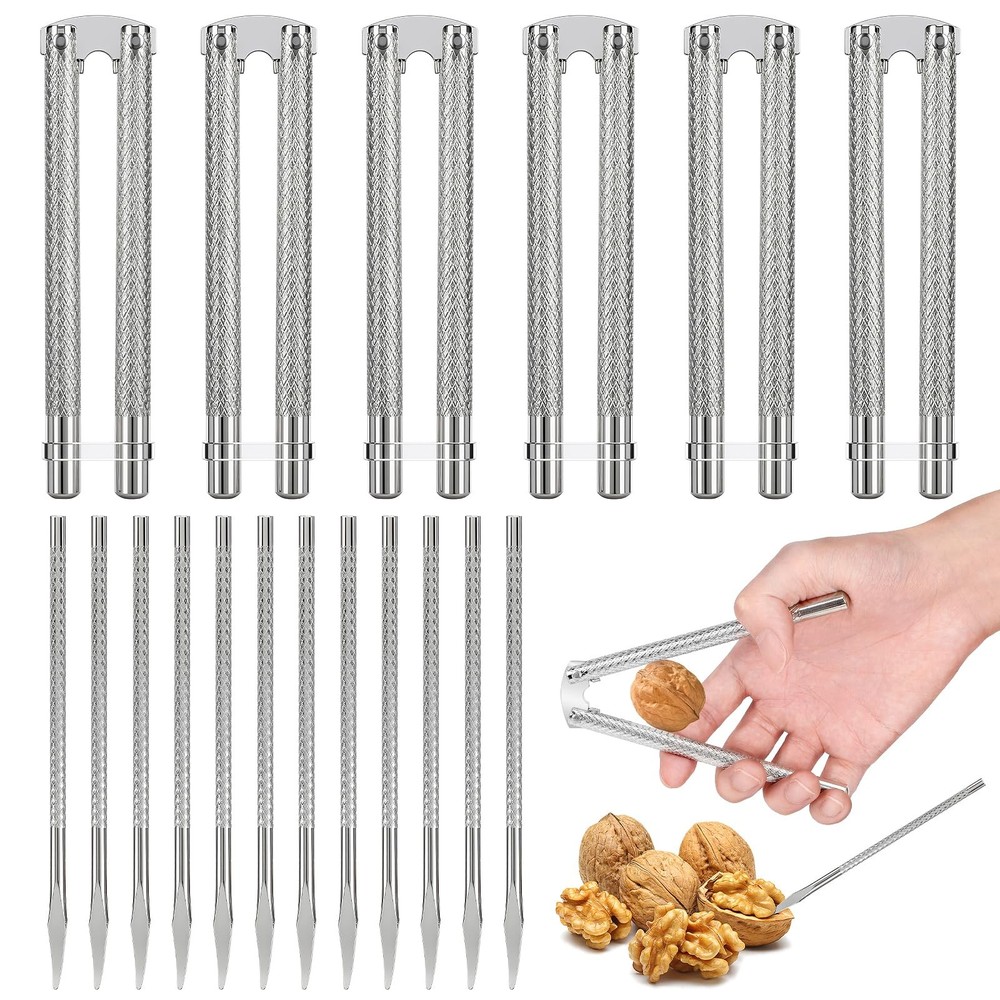 6pcs Nut Crackers for All Nuts and 12pcs Picks Set, Nut Cracker Silver General