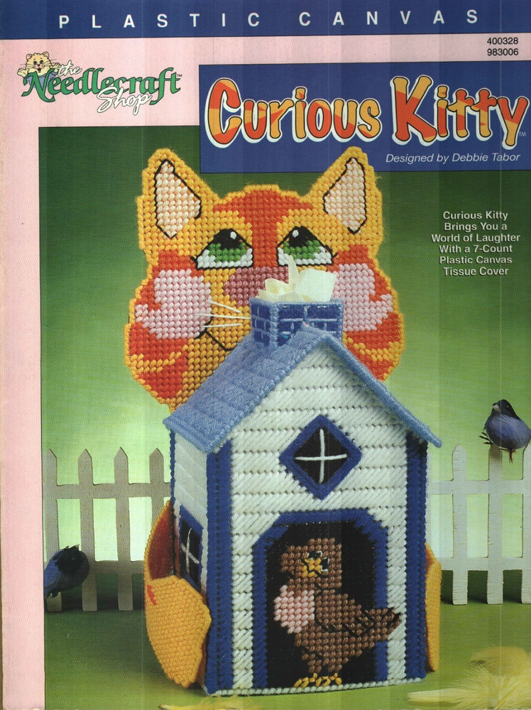 USED CURIOUS KITTY TISSUE BOX COVER HOME DECOR PLASTIC CANVAS PATTERN LEAFLET
