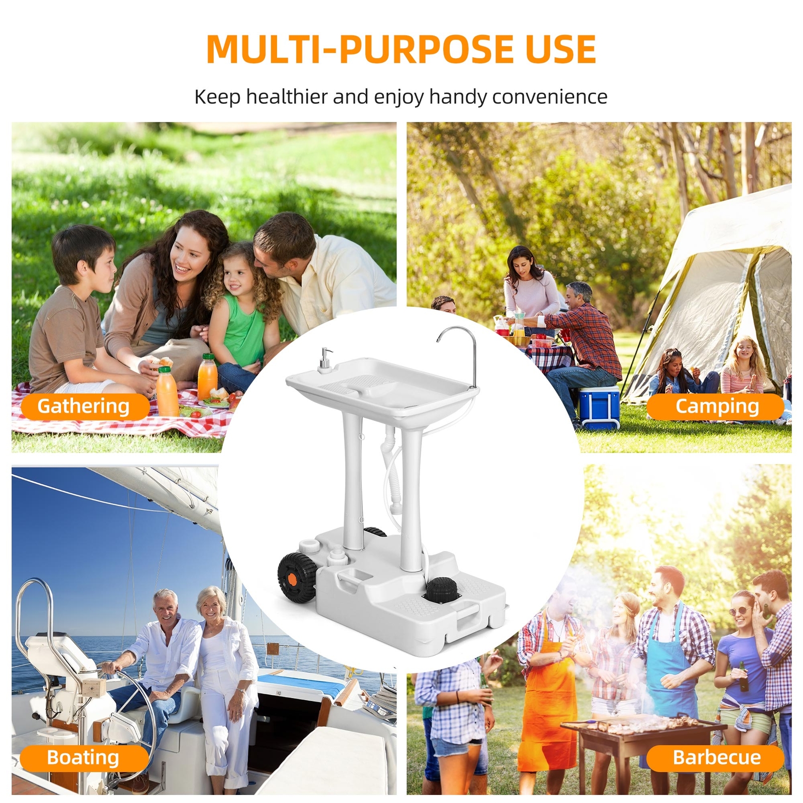 Portable Camping Sink Hand Washing Station with Rolling Wheels & Towel Holder