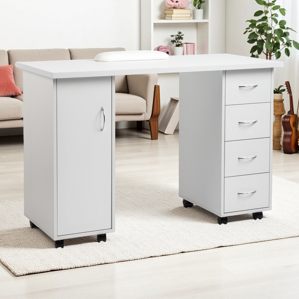 Rolling Computer Desk - White, 4-Drawer, 2 Shelves Storage & MDF ​Nail Table​