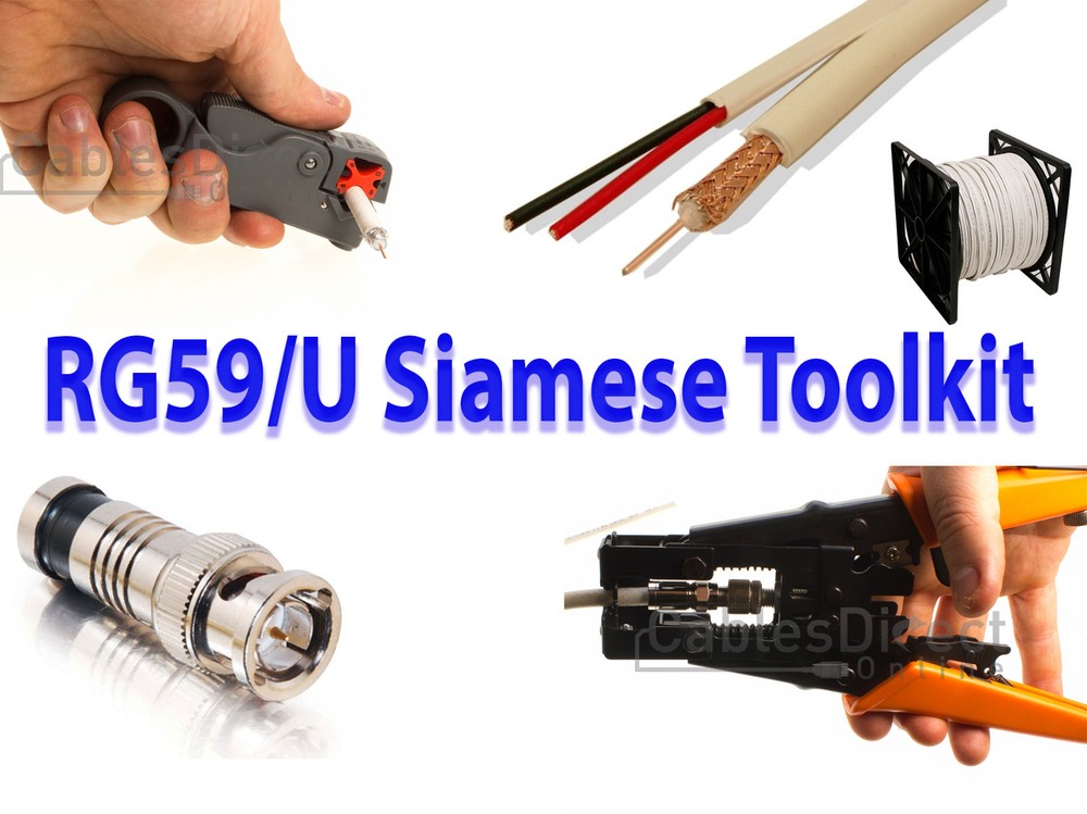 500FT White RG59 + DC Power  Siamese Security Camera Cable + Tool Kit CCTV
