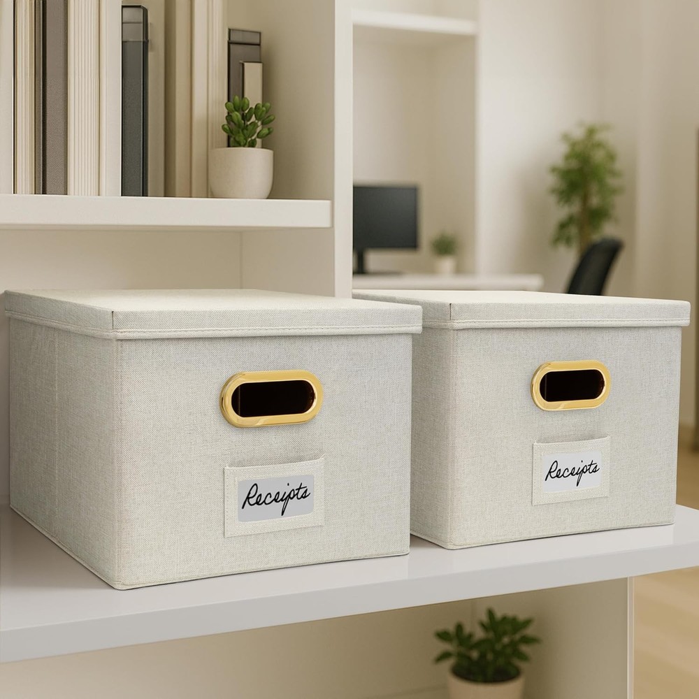 Decorative Document Storage Box Set (2-Piece) — Easy-Slide Lidded Storage Boxes