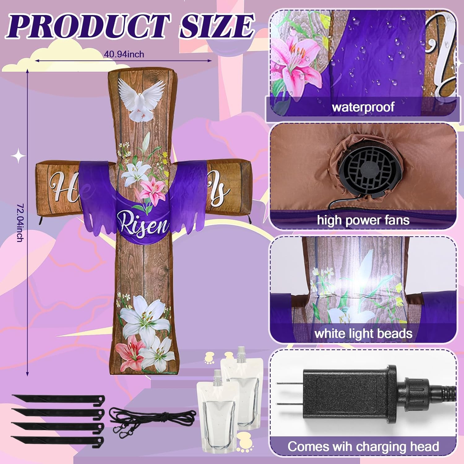 6Ft Easter Inflatables Outdoor Decorations He Is Risen Blow up Cross Yard Decora