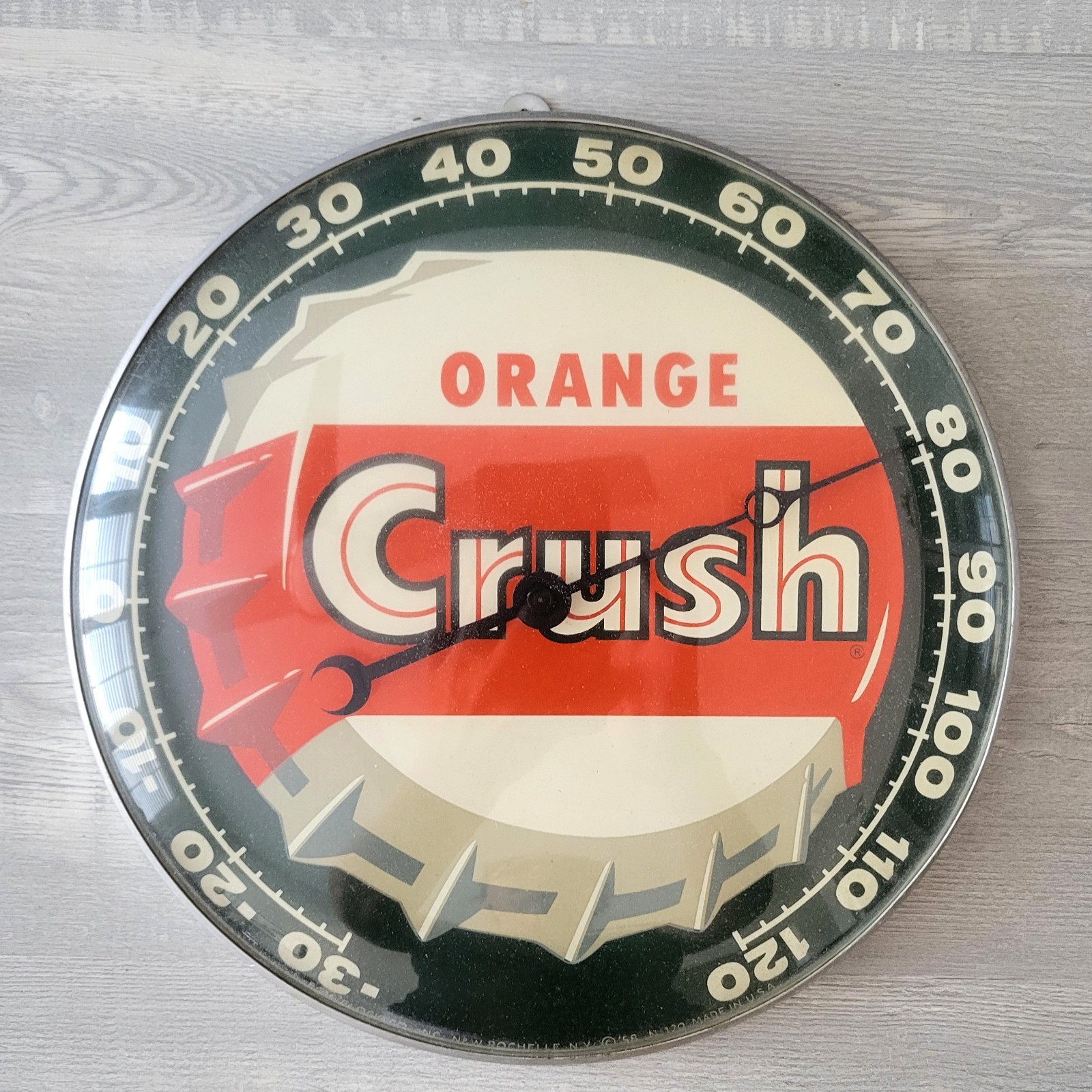 Vintage 58 Orange Crush Thermometer Pam Clock Round Sign Glass Cover Advertising